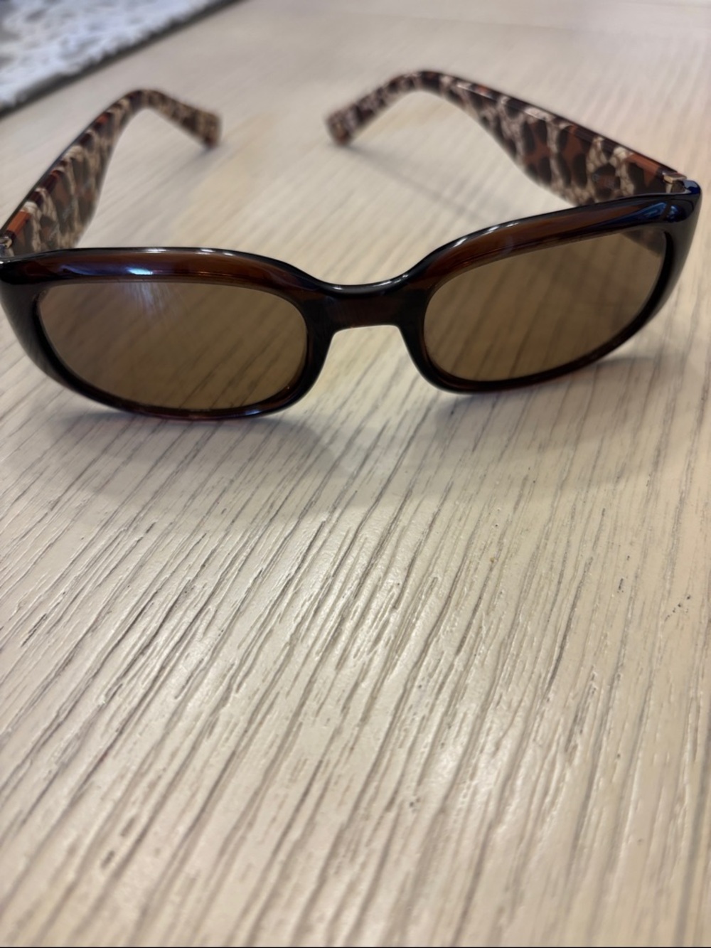 Coach Brown Oval Sunglasses with Leopard-Print Arms